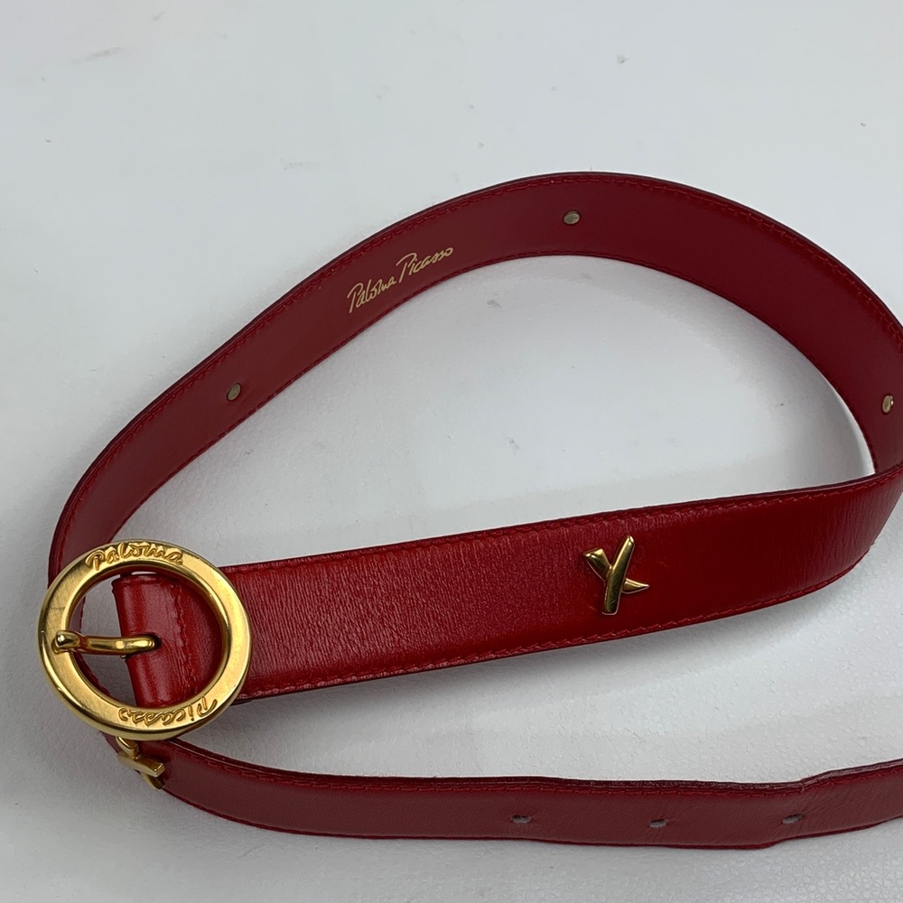 Paloma Picasso Red Leather Belt with Gold Buckle Gold X Adjustable Size Small